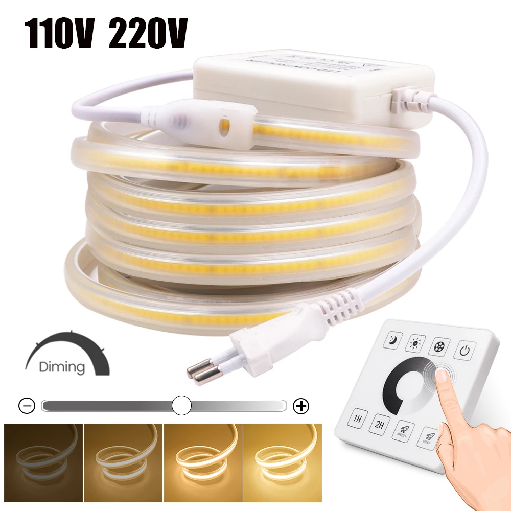 Dimmerable AC 110V 220V COB LED Strip Waterproof 288Leds/M Home Garden Decor Flexible Ribbon Tape Light With Panel Remote