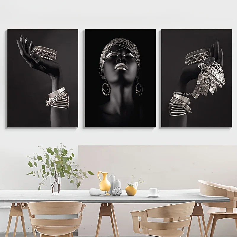 African Black Women With Gold Jewelry Wall Art... From  3 Pcs African American Woman Canvas Wall Art Fashion Bracelets Earrings Necklace display picture 1