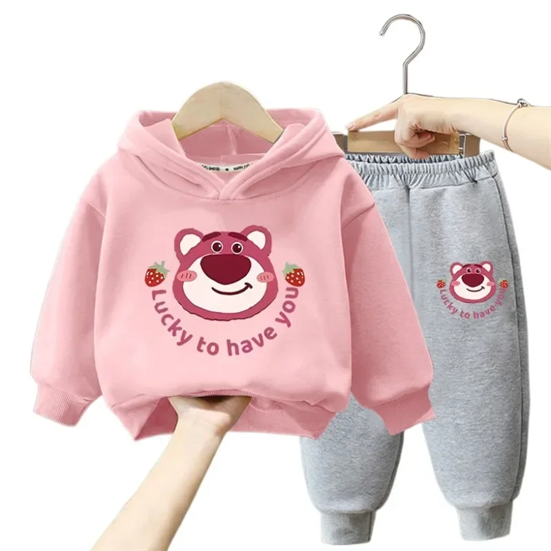 

Sweet Lotso Kawaii Miniso Anime Long Sleeve Hooded Pants Set Spring Autumn Cute Strawberry Bear Children Fashion Clothing Gifts