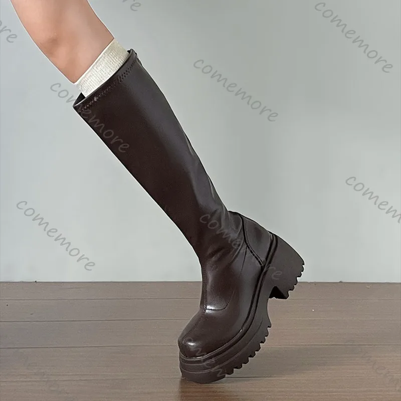 Comemore الأسود الرجعية صندل بكعب مكتنز منصة حذاء برقبة للركبة المرأة الجديدة الخريف الشتاء الجلود عالية الكعب سستة طويلة فارس بوتاس #3