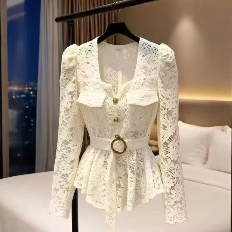 French hollow hook-up lace shirt women's 2026 autumn socialite bubble long-sleeved bottoming shirt Spice girl slim top with belt