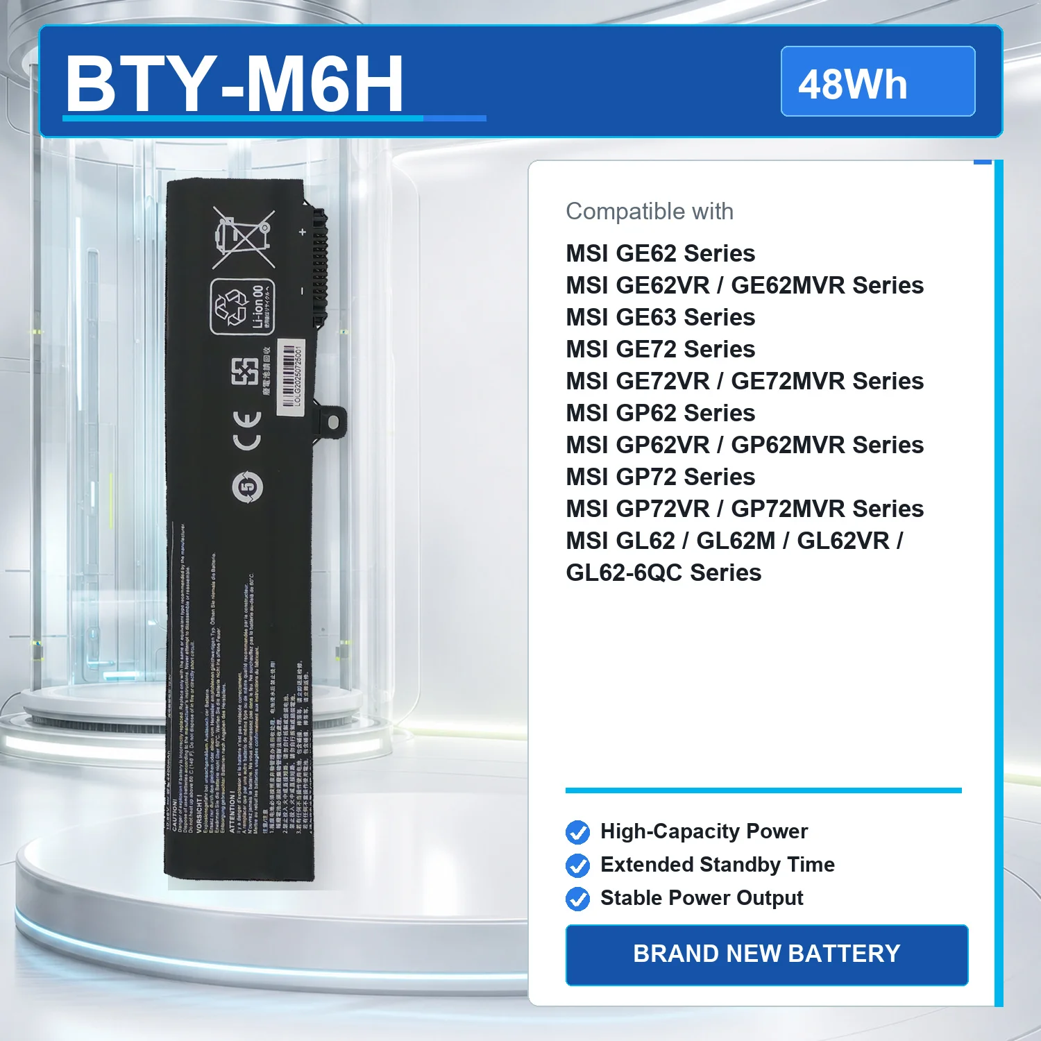 BTY-M6H 11.1V 48Wh Laptop Battery for MSI GE62 GE72 GP62 GP72 GL62 GL72 PE60 PE70 MS-16J1 MS-16J2 3ICR19/65-2 4400mAh