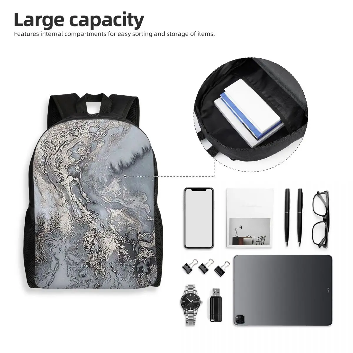 Grey And Silver Marbl Backpack Student Boys Girls BookBag School Bag Laptop Shoulder Bags