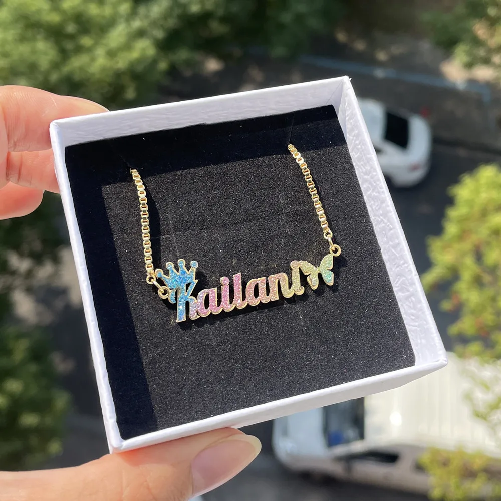 

Lulu's Rainbow Custom Nameplate Necklace For Girl Women Good Shining Crown Butterfly Name Stainless Steel Necklace Gift