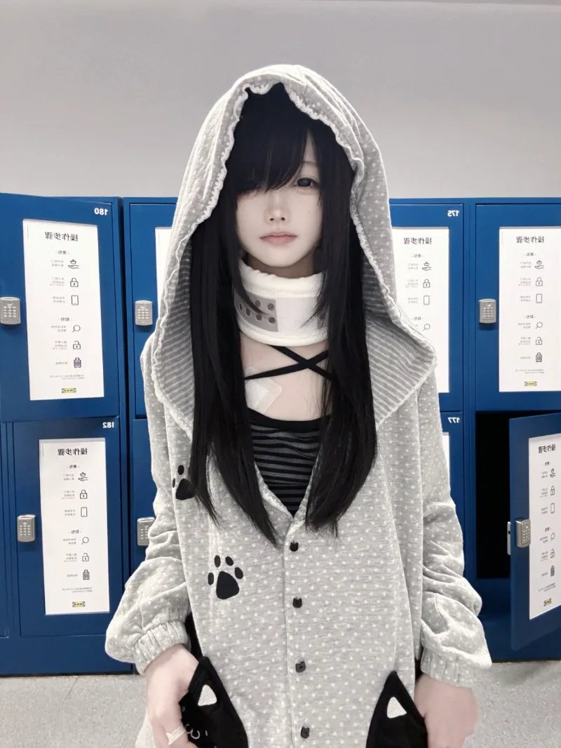 Double-Sided Fabric Little Black Cat Hooded Cardigan Sweatshirts Vintage Home Stay Cute Japanese Single-Breasted Loose Hoodies