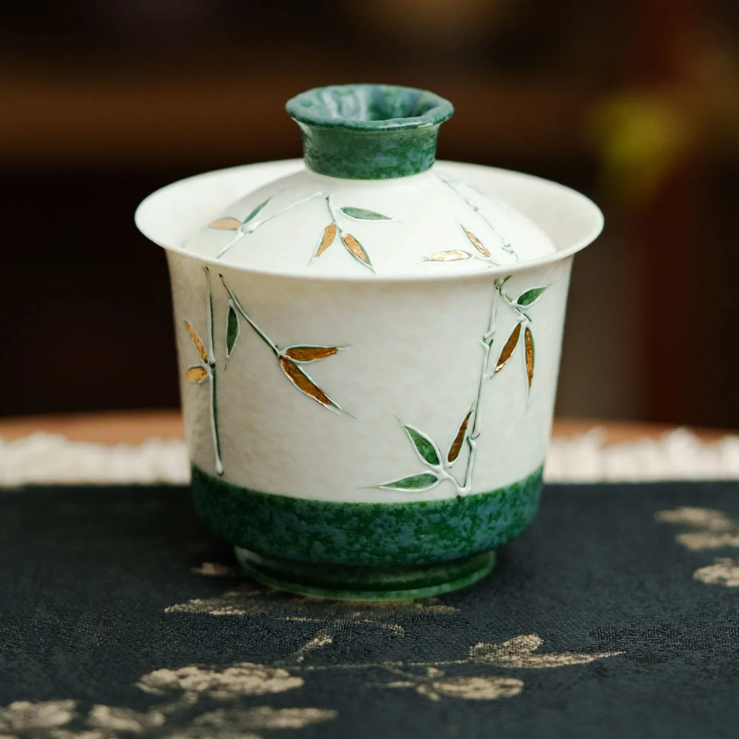 Stacked Painted Gold-painted Green Bamboo Cover Bowl Malachite Green Ceramic High-end Teacup Kung Fu Tea Bowl with Lid Tea Cup