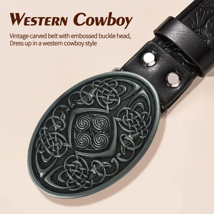 1 piece men's Western belt, skull design with engraved floral patterns and long horn decorations, retro style, pairs well with j