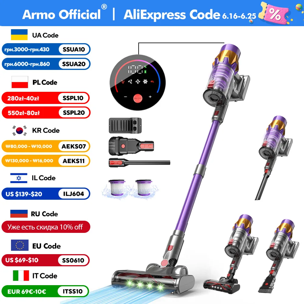 Armo V18 Handheld Wireless Vacuum Cleaner 50kPa 550W Power 6 in 1 LED Display Cordless Vacuum Cleaner Home Sweeper Machine