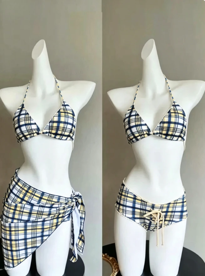 

Vintage Casual Three Piece Bikini Set High Waist Bottom Quick Dry Fabric Swimwear Beach Bathing Suit for Vacation Swimming Pool
