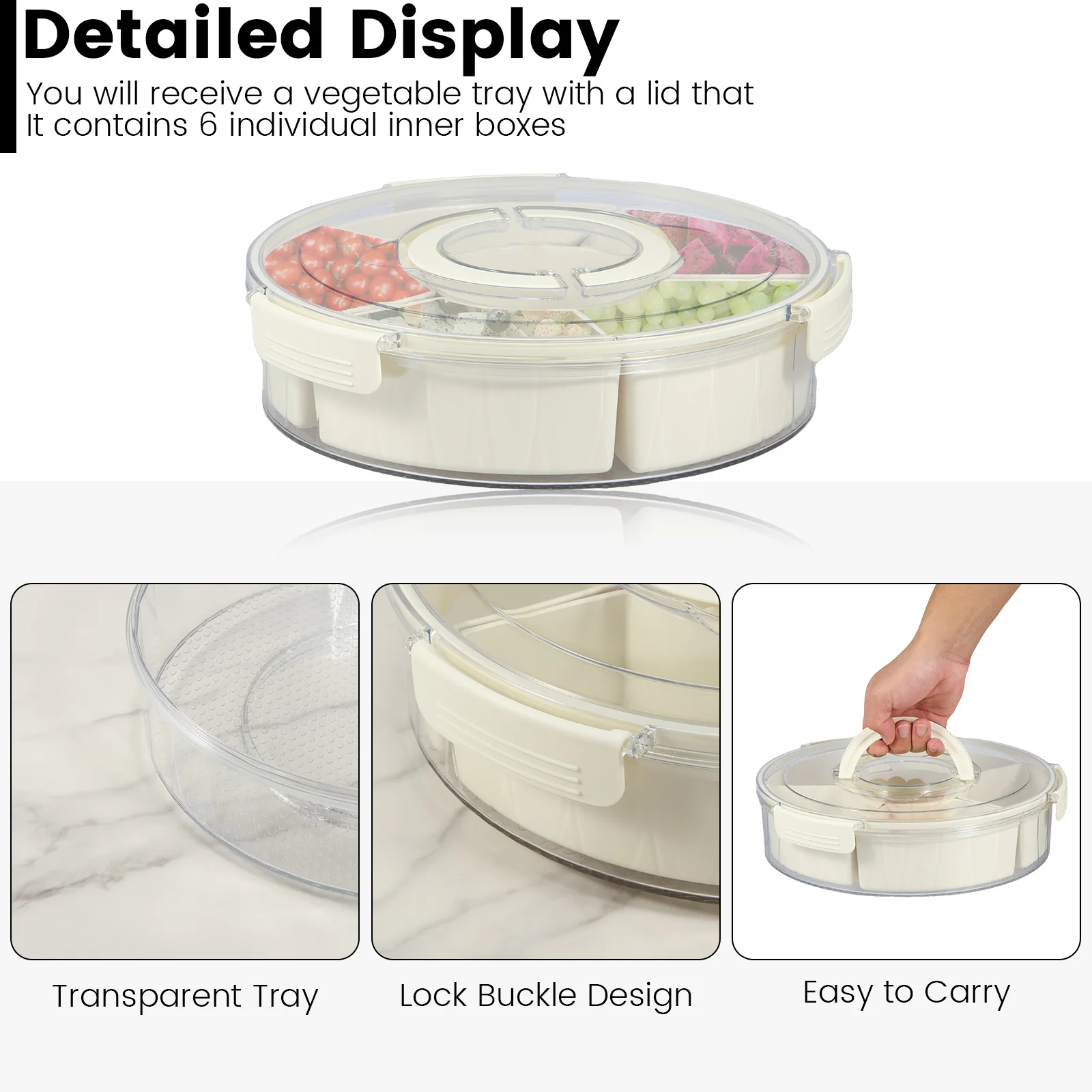 Divided Serving Tray with Lid and Handle 6 Compartment Snack Box Container Airtight Seal Snack Platter Fridge Safe Charcuterie