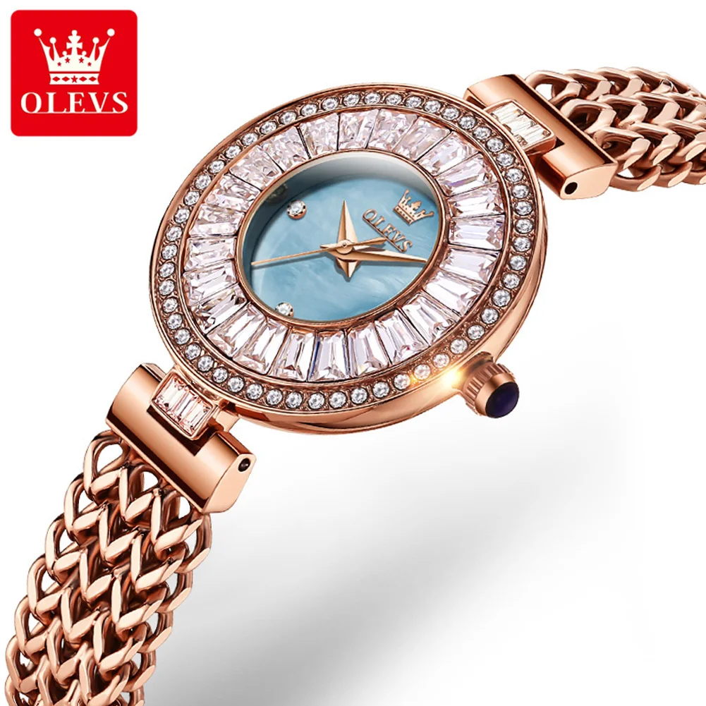 ساعة ماركة OLEVS عصرية بحلقة خارجية مرصعة بالألماس للسيدات كوارتز مقاومة للماء 9959