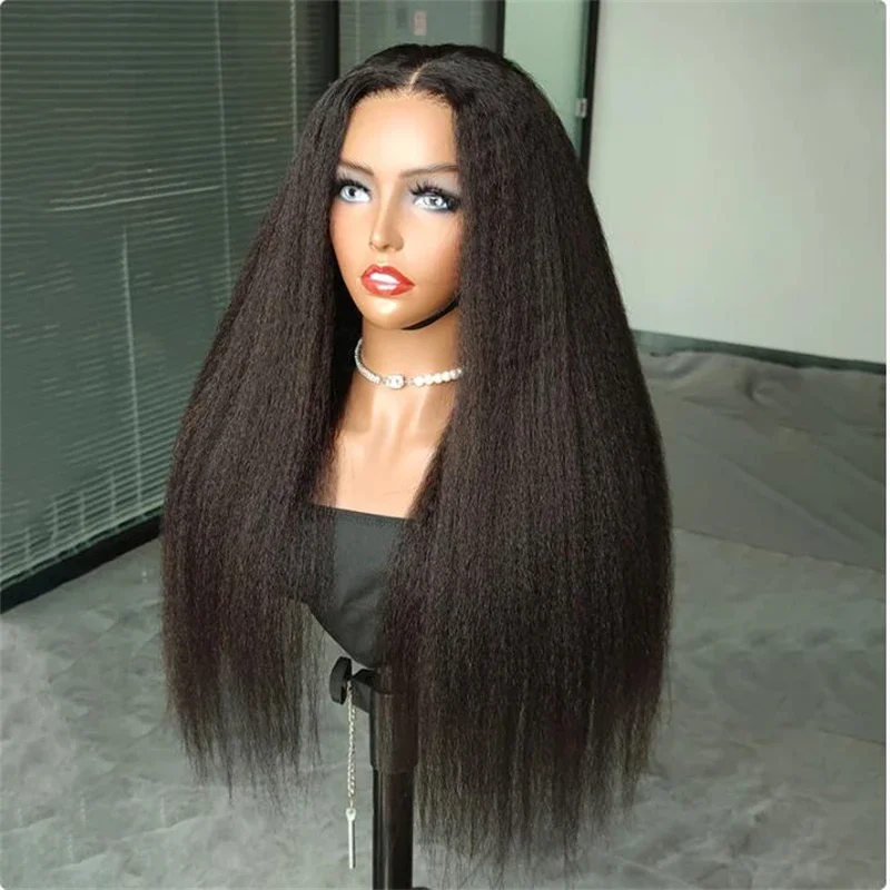 

Black Yaki Kinky Straight Soft 26''Long180Density Glueless Heat Resistant Lace Front Wig For Women Babyhair Preplucked Daily Wig