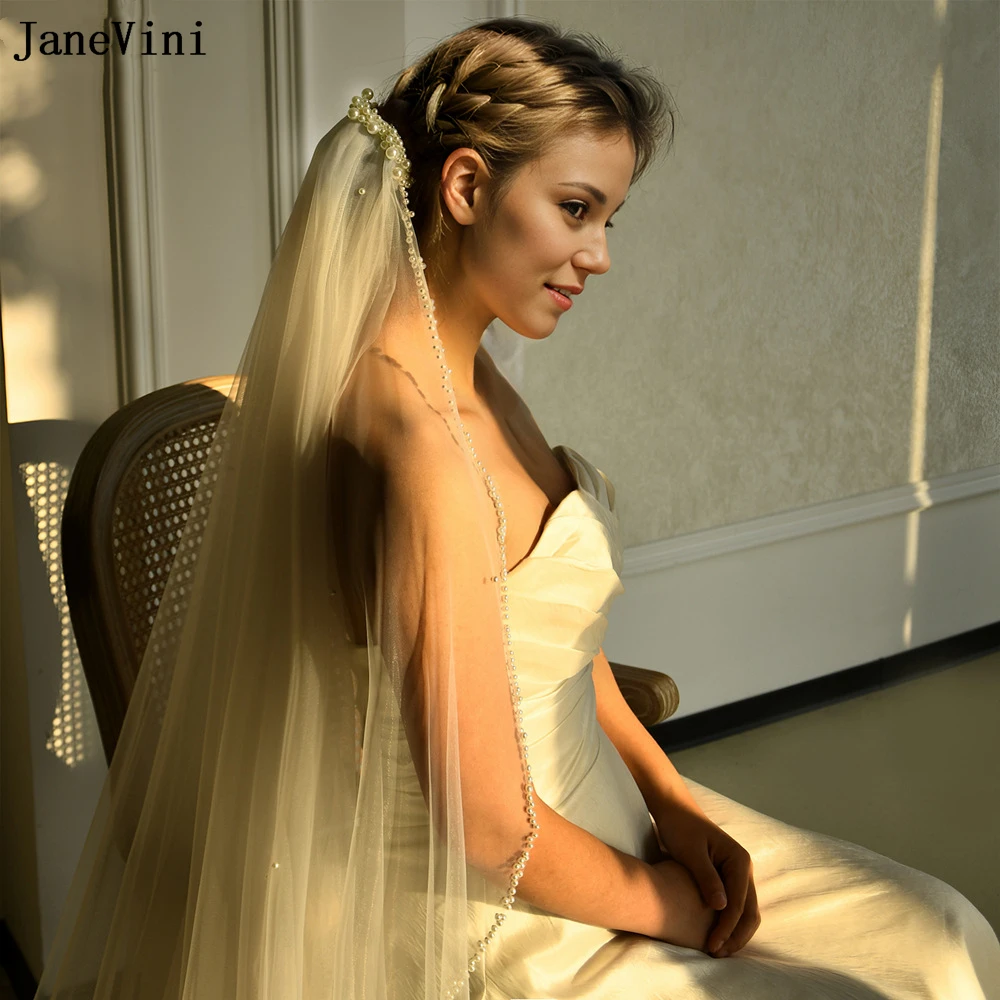 JaneVini New Ivory Romantic Long Bridal Veils with Metal Comb Two Layers Tulle Veil Beaded Edge Women Wedding Hair Accessories