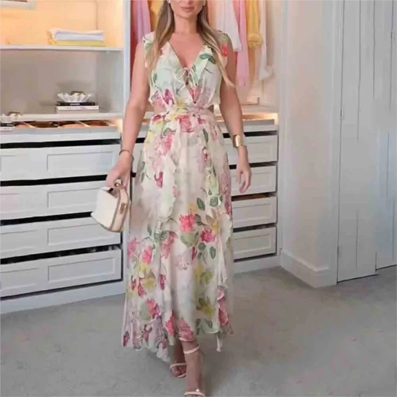 Abito lungo con stampa floreale Donna 2025 Nuova estate elegante scollo a V senza maniche scava fuori abiti longuette Chic Boho Vacanze Abito da spiaggia