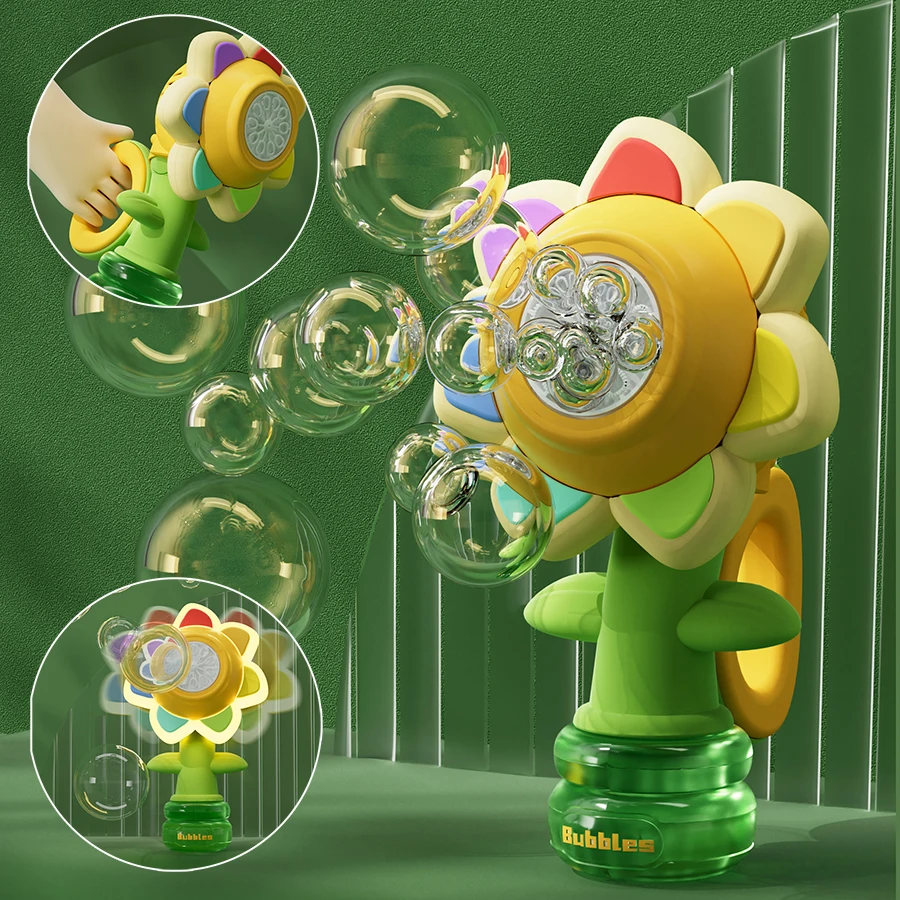 Máquina automática de burbujas para niños, juguetes con siete colores, girasol, sacudir la cabeza, burbujas de jabón, columpio, luz que sopla, burbujas de mano
