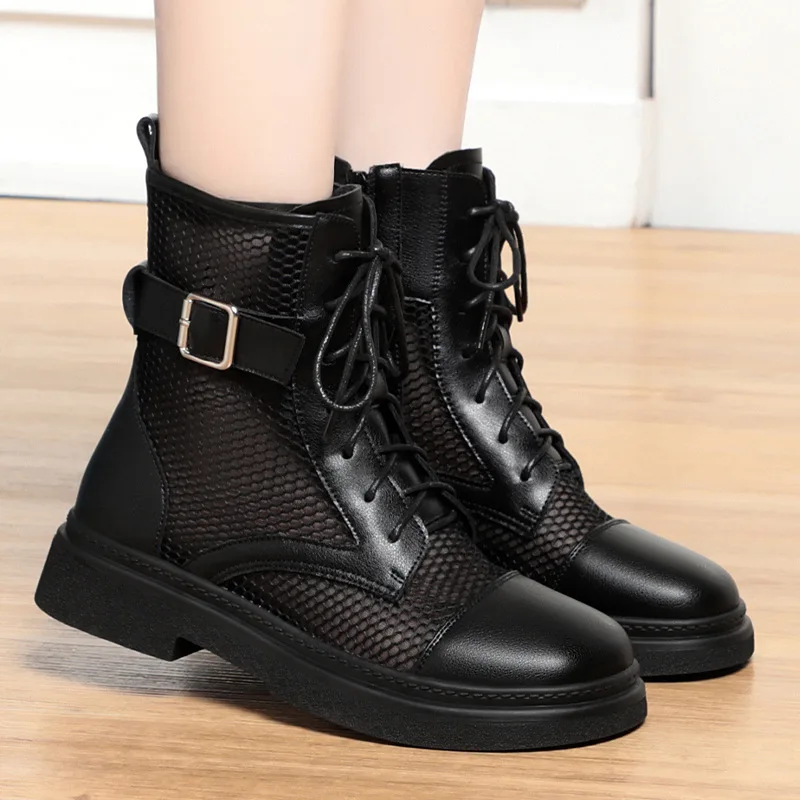 Spring Fashion Women Summer Mesh Lace-up Short Ankle Boots Versatile Casual Breathable Hollow Boots Platform Thin Shoes Grace