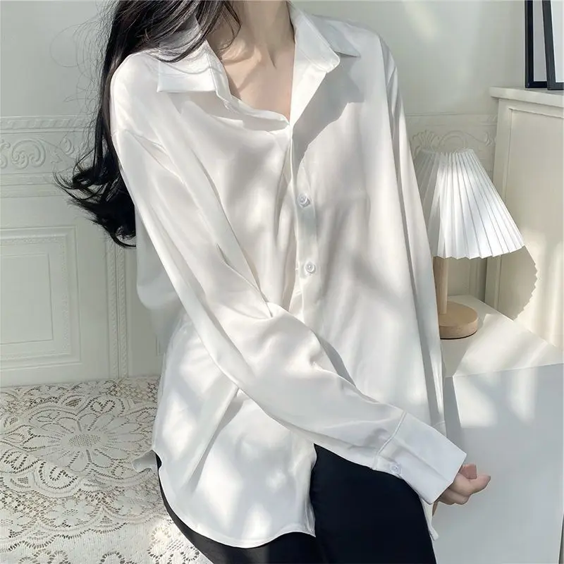 Fashion White Simplicity Shirt Tops Spring Autumn New Polo Neck Long Sleeve Loose Solid Blouse Sweet Elegant Women Clothing