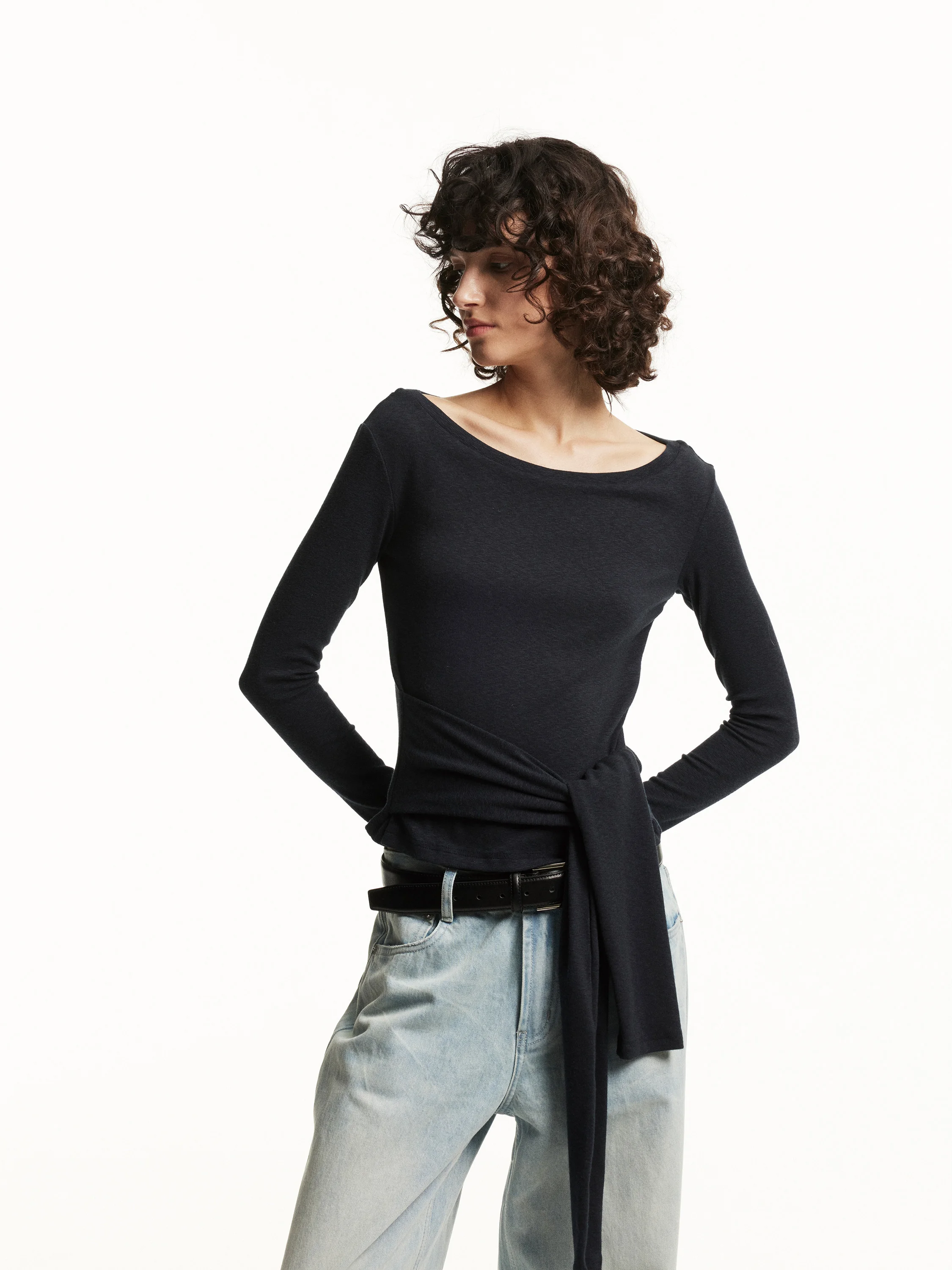 

747 Vintage High-Collar Long-Sve Tie-Detail Slim Fit T-irt Bamboo Mousse Camere Cotton Casual Sle Women's Top