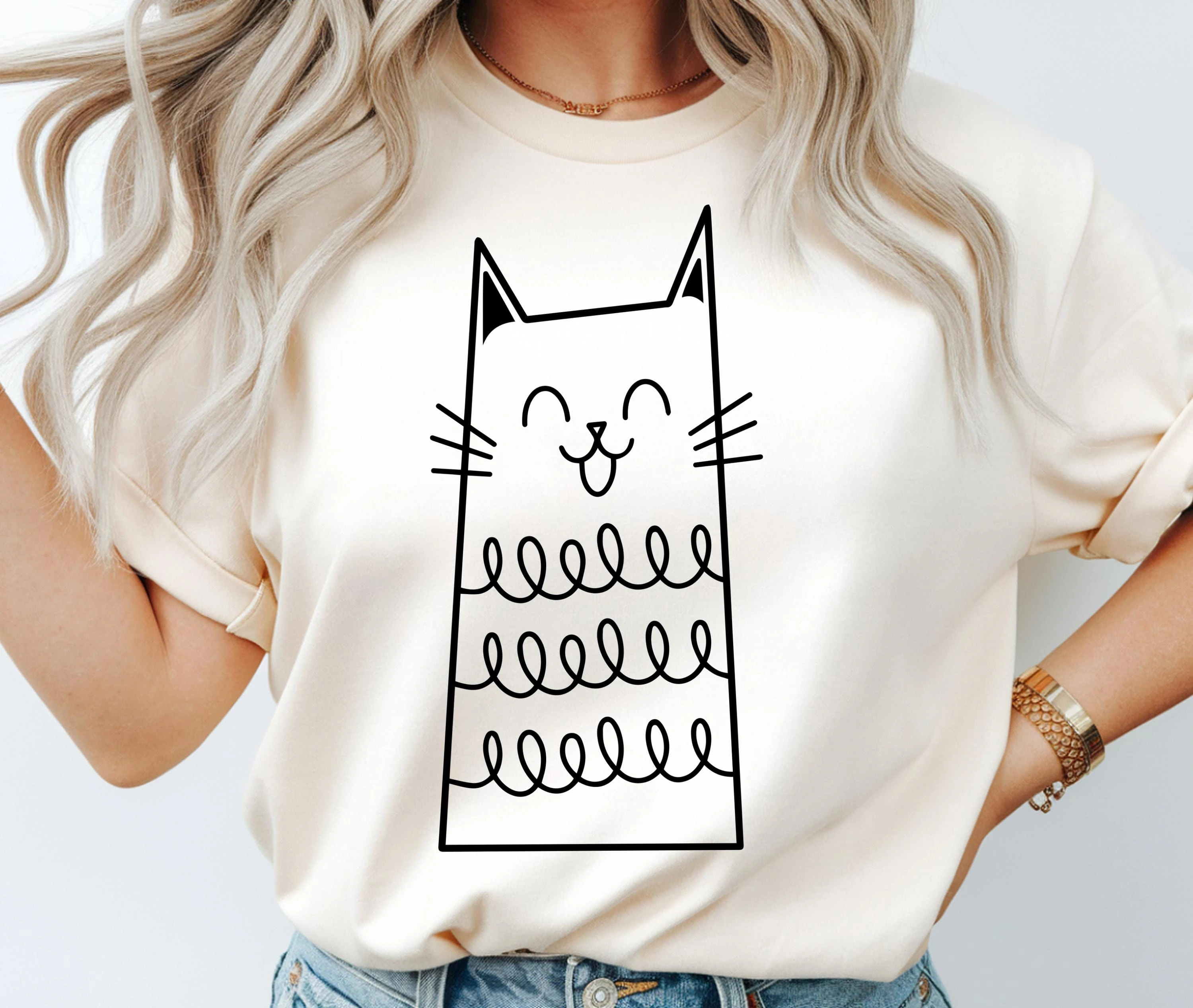 Korean Cute Minimalist neutral T-shirt Happy Line Art Cat Print Casual Round Neck Short Sleeve Summer Loose Daily Kawaii Top
