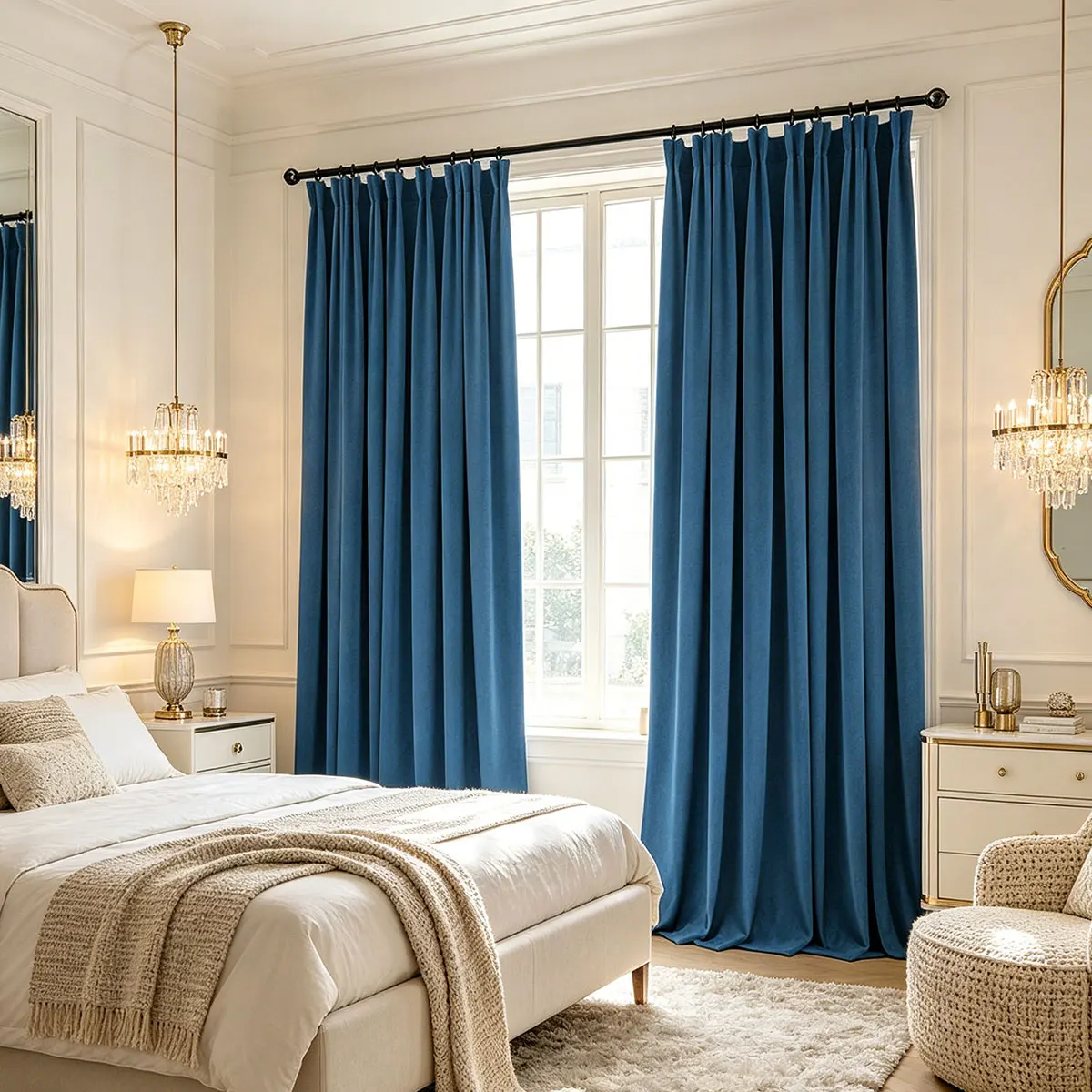 Royal Blue Velvet Blackout Curtains 2‑Pack, Pinch Pleat Hook Top Drapes, Modern Solid Curtain for Bedroom Living Room Home Decor