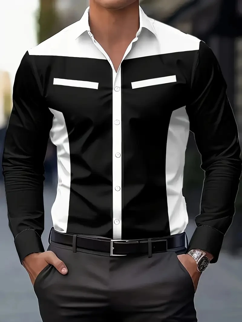 

Fashion Men's Stitched Color Button Down Shirt Clothing Long Sleeve Hawaiian Shirt Large Size Men's Clothing Collared Blouse Top