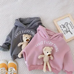 Cartoon Fleece Hoodie for Kids Autumn Winter Cute Long Sleeve Sweatshirt with Detachable Bear Toy Toddler Boy Girl Clothes