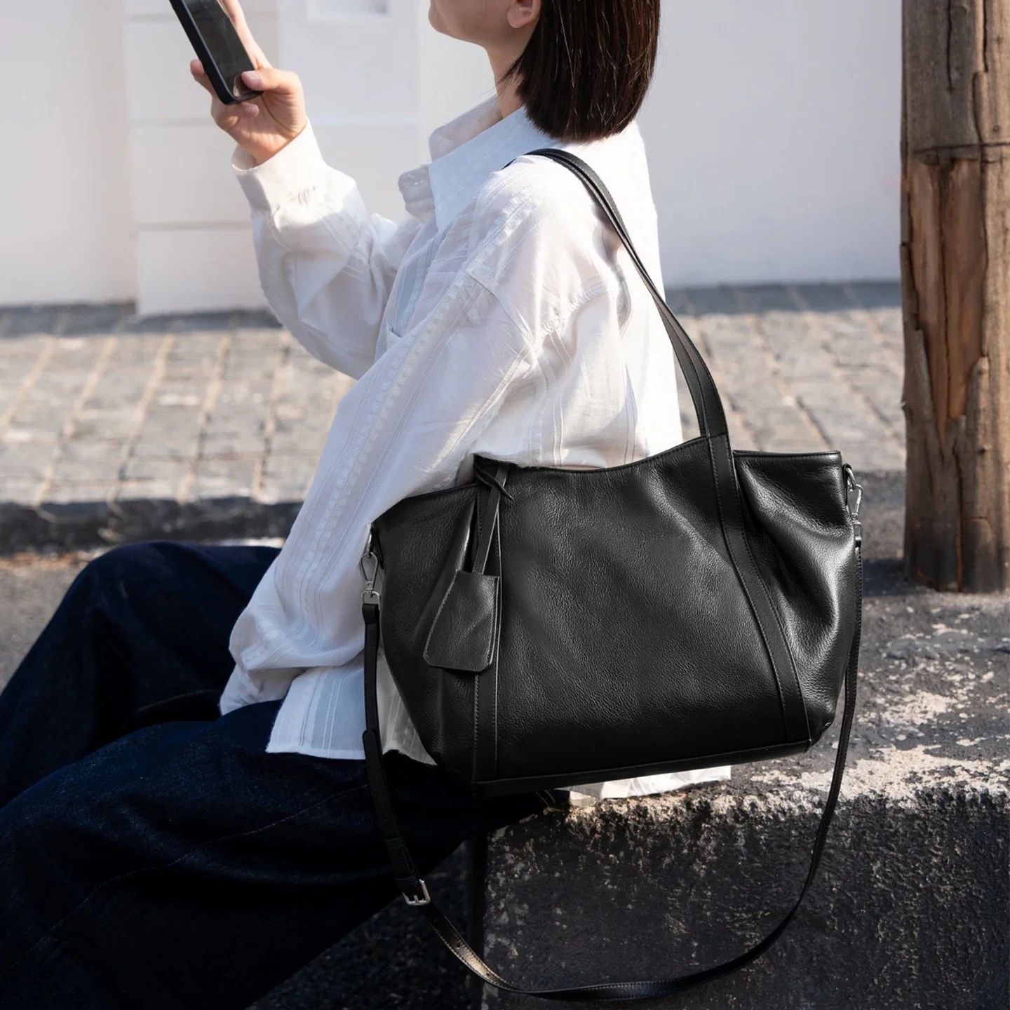 LadiesTrend Light Luxury Genuine Leather Tote Bag Women Slouchy Large Underarm Bag Multiway Hand Shoulder Crossbody Work Purse