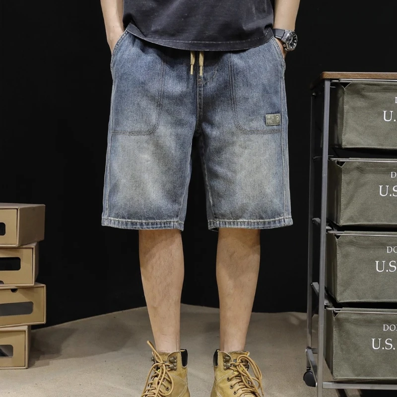 Male Denim Shorts Cargo Drawstring With Pockets Men's Short Jeans Pants Korean Fashion Y2k Retro Youthful Emo Xxxl Luxury Thin