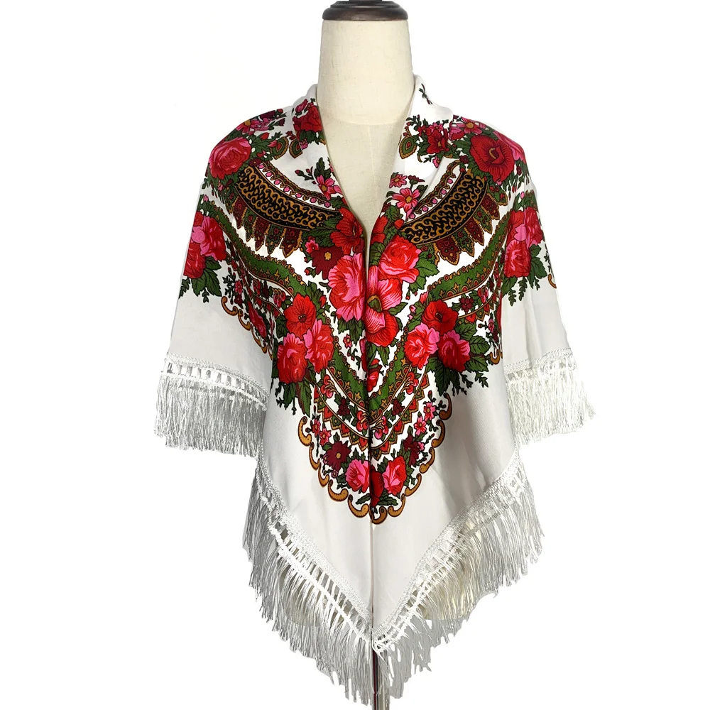 120*120cm Retro Floral Printed Big Square Bandanas Russian Fringed Shawls Women's Head Scarf Babushka Scarves Ethnic Pashmina