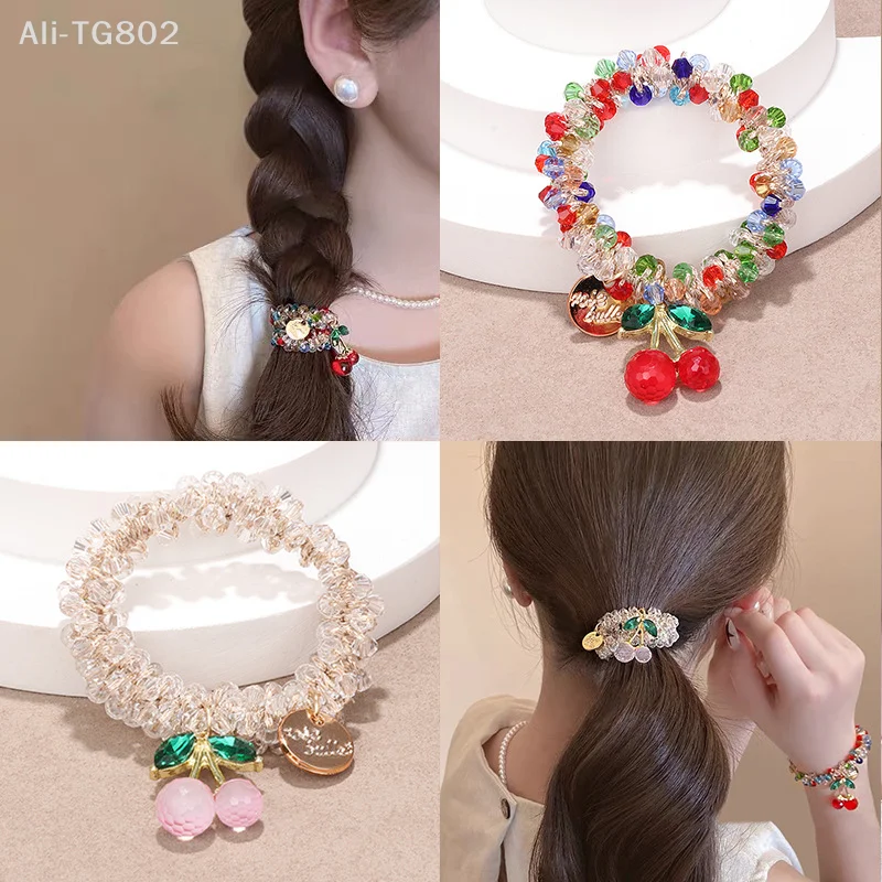Buntes elastisches Haarband mit Strass-Kirschen für Frauen und Mädchen, süßes Haarschmuck-Scrunchie, Haargummi, Kristall-Haar-Accessoires