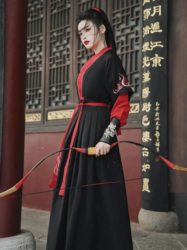 Female Chinese Style Martial Arts Hanfu WeiJin Style Costume Embroidered Clothes Chinese Folk Dance Performance Dress