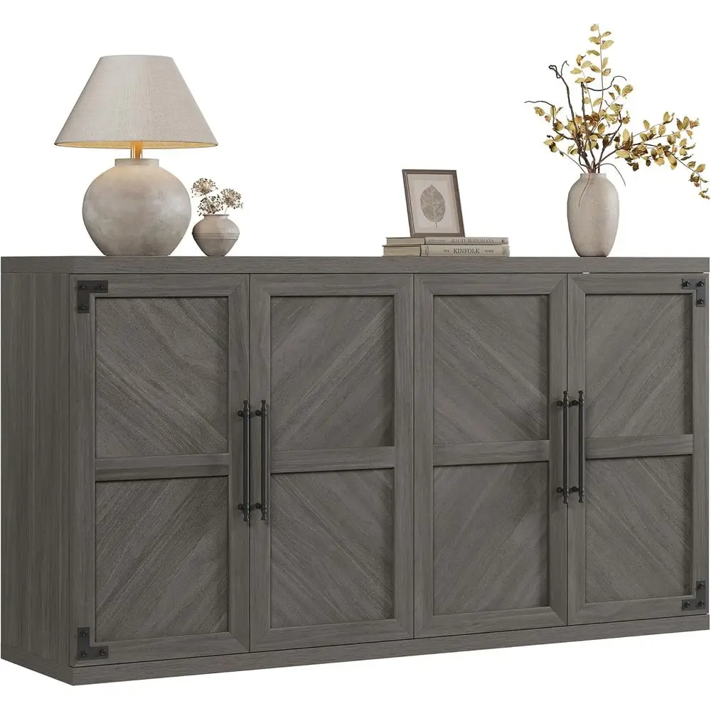 

4-дверный буфет с местами для хранения и регулируемыми полками, большой серый шкаф для хранения из ясеня