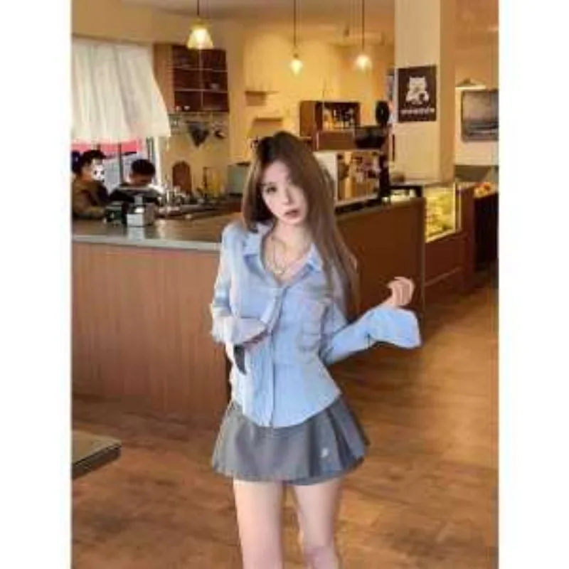 

Spring Autumn Elegant Striped Waist-Tie Long Sleeve White Shirt for Women with French Style Waist-Cinch Top