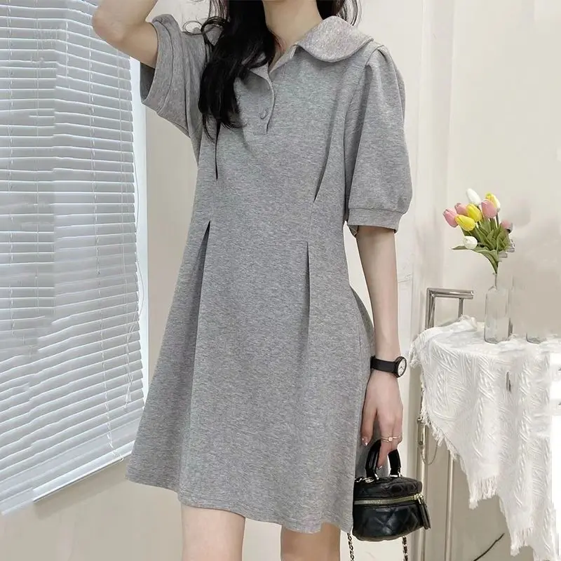 Summer Sweet Grace Short Sleeve Turn-down Collar Casual Grey Mini Dresses for Women Chic Korean Style Female Simple Wild Dress