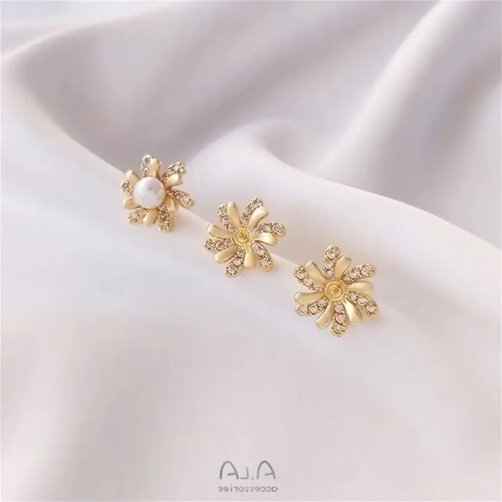 

14K Gold-plated Micro-inlaid Zircon Daisy Half-hole Beaded Earrings 925 Silver Needle Diy Handmade Pearl Earrings E180