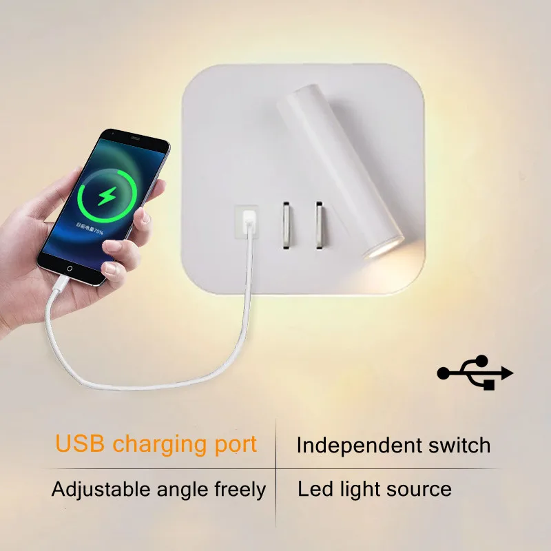 

LED Reading Wall Lamp with Switch USB Charging Adjustable Bedroom Bedside Backlight Headboard Sconce Wall Light Fixture 220V