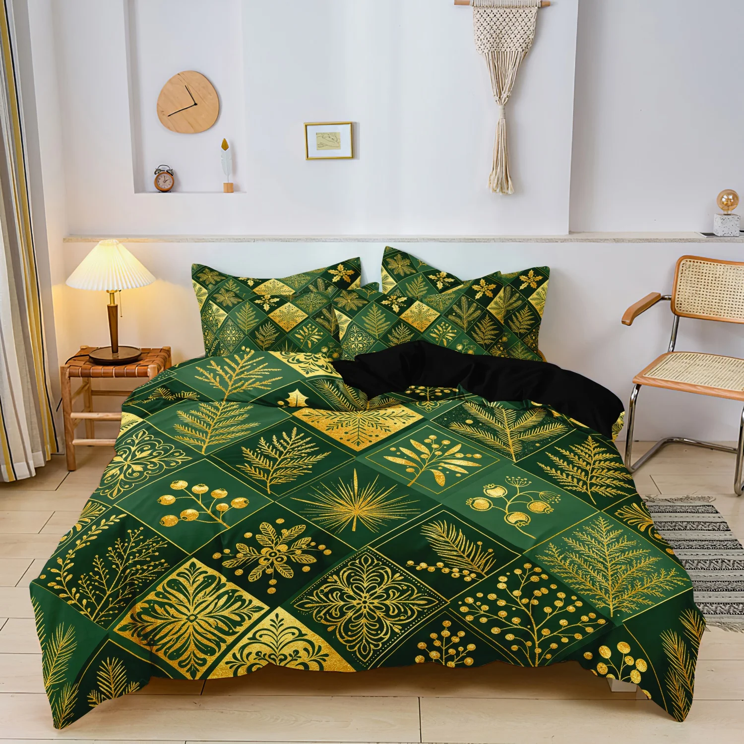 3Pcs Dark Green Golden Botanical Christmas Duvet Cover Set, Vintage Patchwork Winter Plant Pattern Bedding, Bedroom Decoration