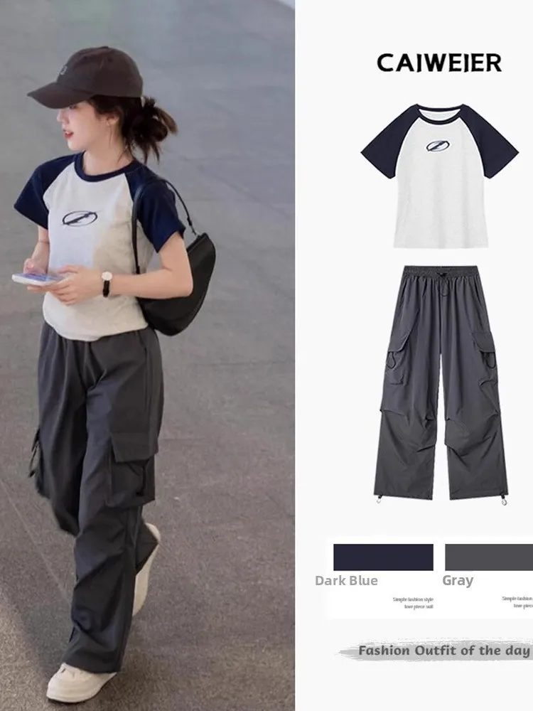 

Summer New Style Slim Fit Grey Shoulder Insert Short Sleeve T-Shirt And Wide Leg Pants Two Piece Set Casual Workwear Ensemble