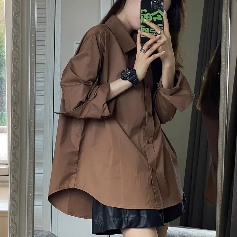 Gidyq Korean Women Streetwear Shirts Fashion All Match Female Loose Long Sleeve Top Casual Buttons Solid Coffee Shirt Spring New