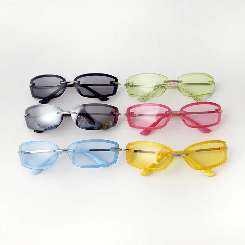 Trend Green Rimless Rectangle Sunglasses Women Men Brand Design 2024 Luxury Goggle Y2K Pink Yellow Lens Sun Glasses UV400 Female