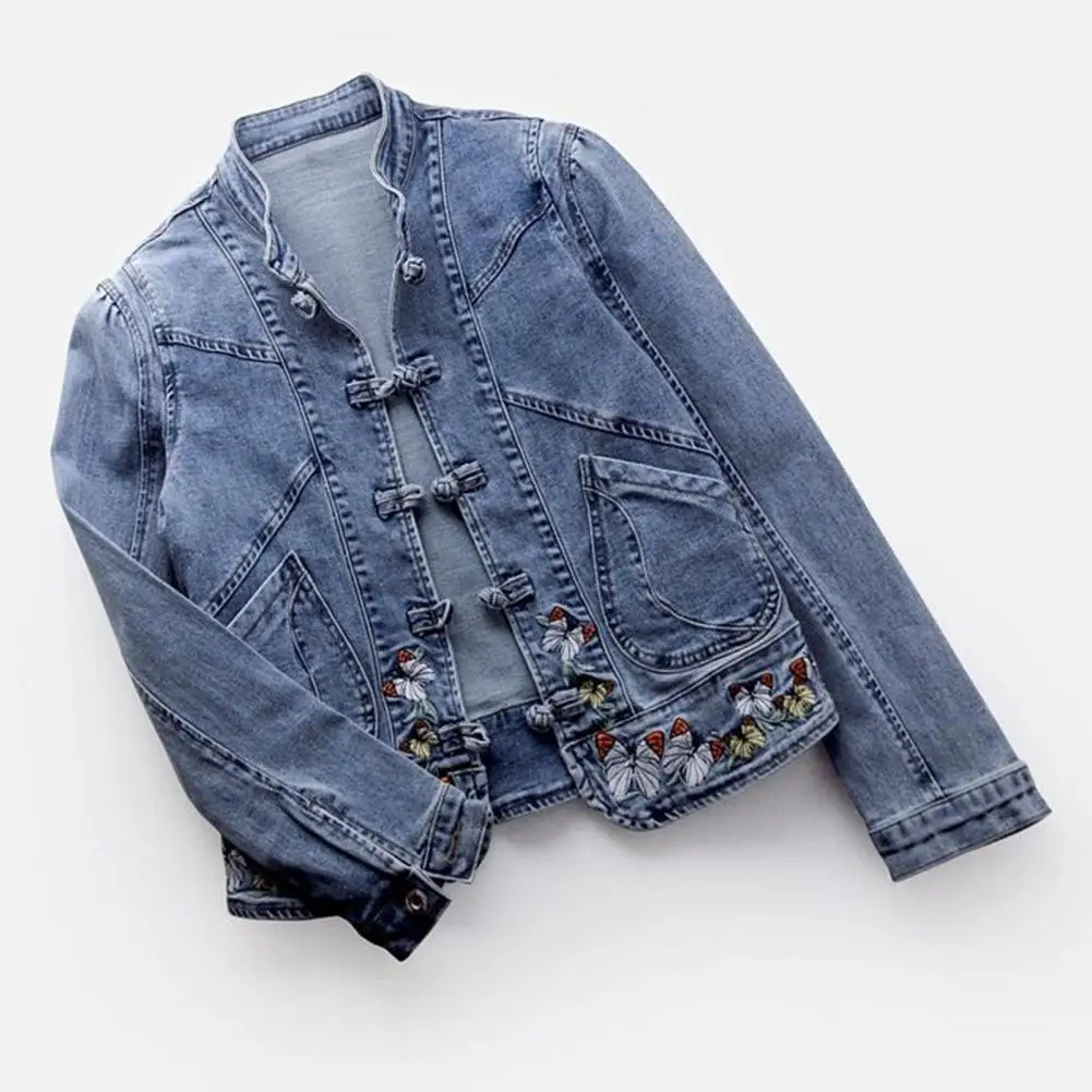 Women Retro Denim Jacket Chinese Style Embroidery Denim Coat for Women with Slim Fit Single-breasted Design Turn-down Collar