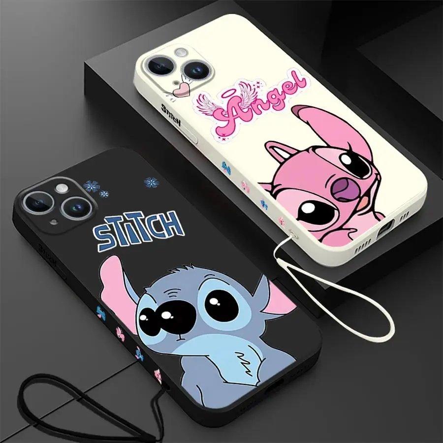 Disney Stitch Angle Lover Phone Case for Apple iPhone 8 7 13 Pro 12 Mini 15 16 Plus XS Max 14 ProMax XR 11 SE With Lanyard Cover