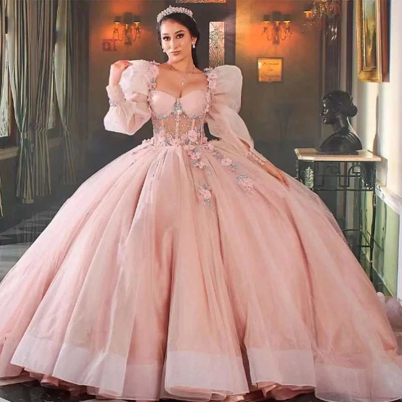 Vestidos De quinceañera con escote Corazón, manga larga hinchada, 15 Vestidos, flor 3D, Princesa, 16 Años