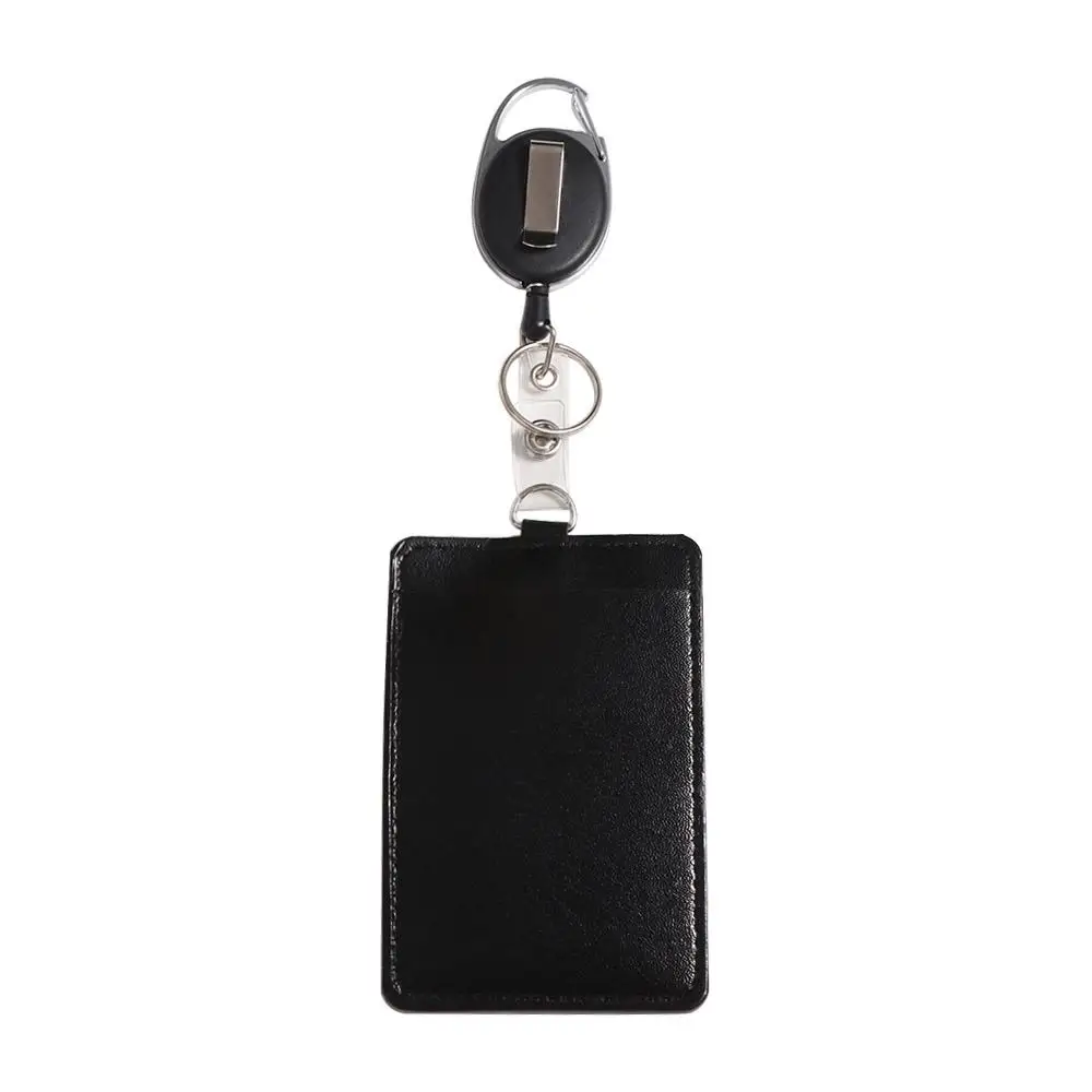 Fashion PU Leather Retractable Key Chain Card Case Black Wallet Name Card Badge Lanyard Bus Pass Card Badge Holder Male