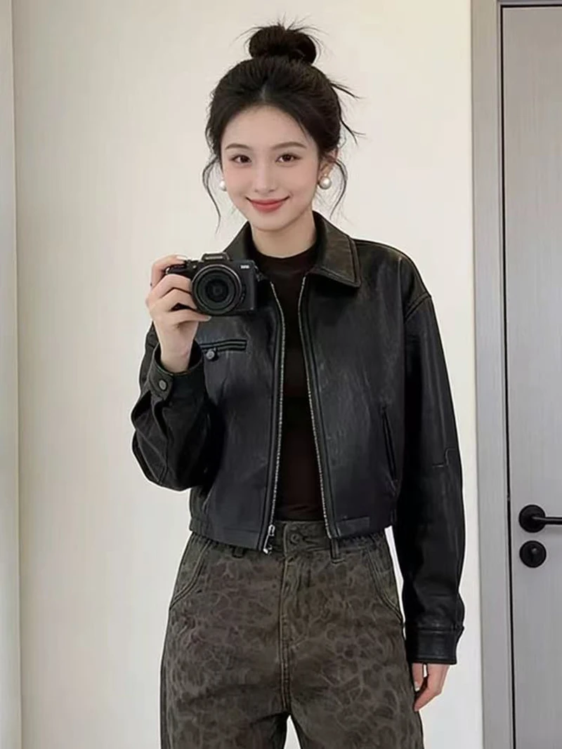 Chic Black Women Pu Leather Jacket Cropped Zip Up Lapel Collar Moto Y2K Streetwear Biker Faux Outerwear Top