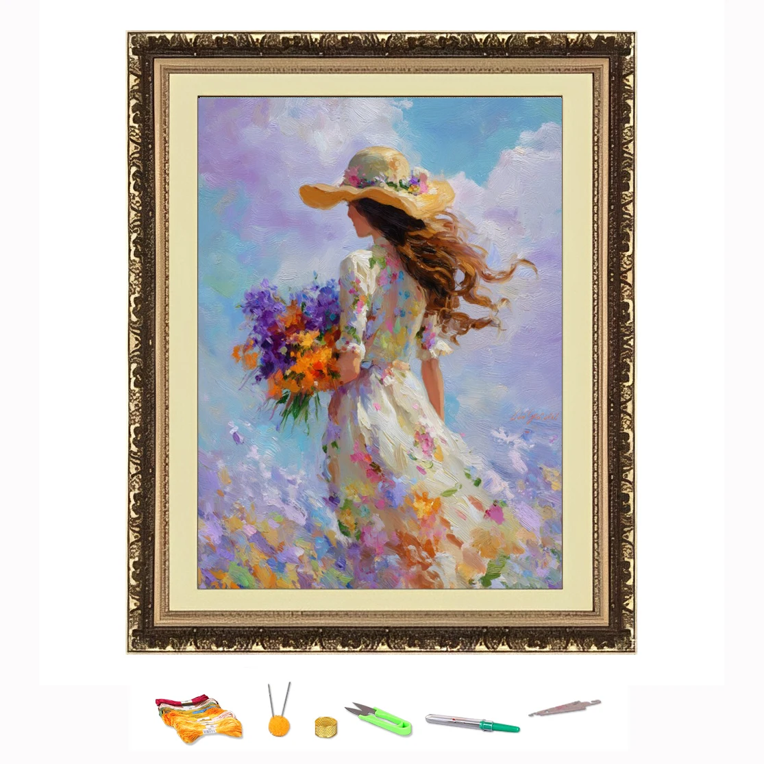 

Вышивка крестиком, длинноволосая девушка с цветами, нитью для рисования, набор для рукоделия «сделай сам», украшение, напечатанная на Canva 11CT