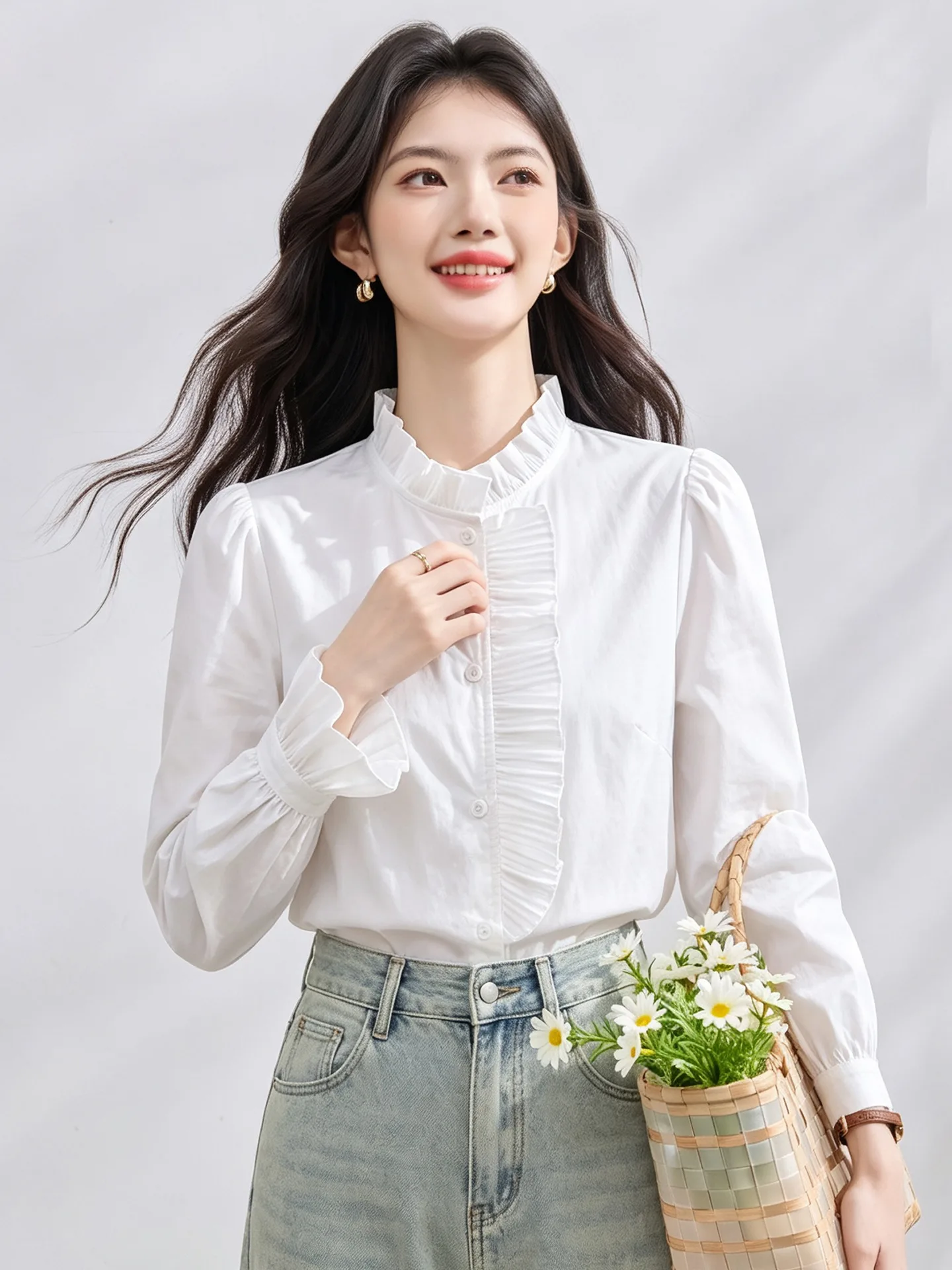White Long Sleeve Women's Shirt Stand Collar Design Spring Autumn Fashion Inner Wear Base Layer Blouse Versatile Thin Material