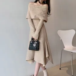 JSXDHK Women Fashion Slash Neck Midi Knitting Dress New Korean Autumn Winter Ruffles Off Shoulder Sexy Bodycon Sweater Dresses