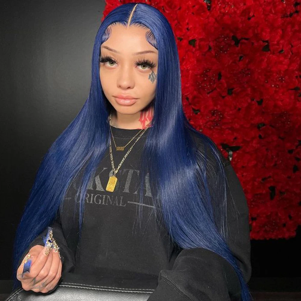 Navy Blue 13X4 Glueless Bone Straight Lace Front Wig Pre Plucked Transparent 180% Colored Lace Frontal Human Hair Wigs for Women