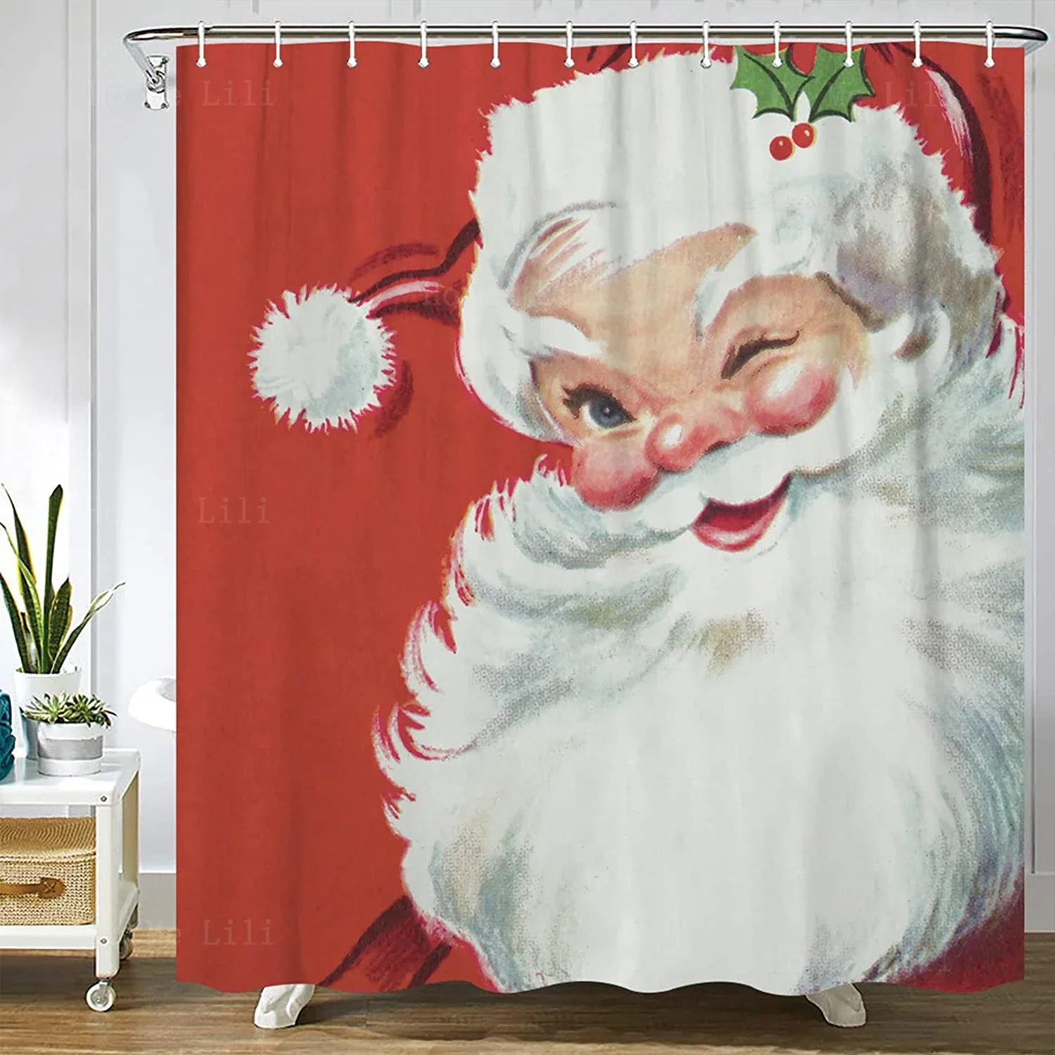 Vintage Christmas Jolly Santa Claus Shower Curtain Buffalo Plaid Bathroom Decor Holiday Decorations